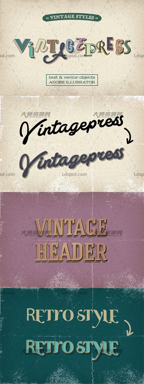 Vintagepress Styles For Illustrator,AI图形样式－12个复古式效果